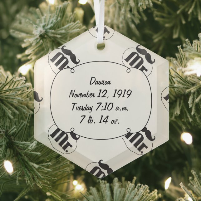 Mr. Mustache Lil Man Baby Boy Stats Glass Ornament (Insitu)