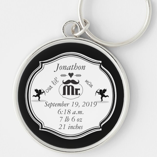 Mr. Mustache Lil Man Baby Boy Stats Keychain (Front)