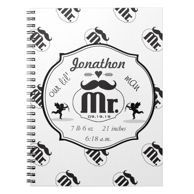Mr. Mustache Lil Man Baby Boy Stats Notebook (Front)