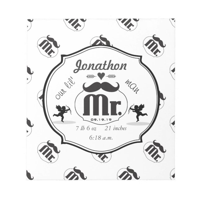 Mr. Mustache Lil Man Baby Boy Stats Notepad (Front)