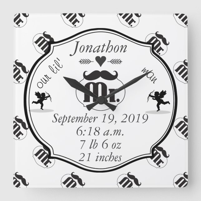 Mr. Mustache Lil Man Baby Boy Stats Square Wall Clock (Front)