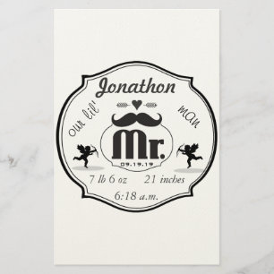 Mr. Mustache Lil Man Baby Boy Stats Stationery