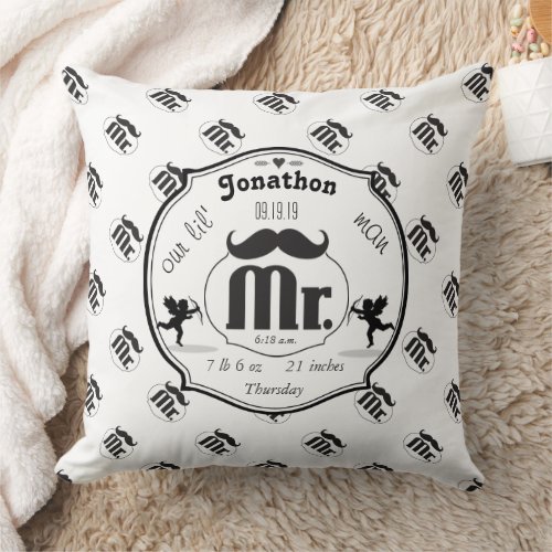 Mr Mustache Lil Man Baby Boy Stats Throw Pillow