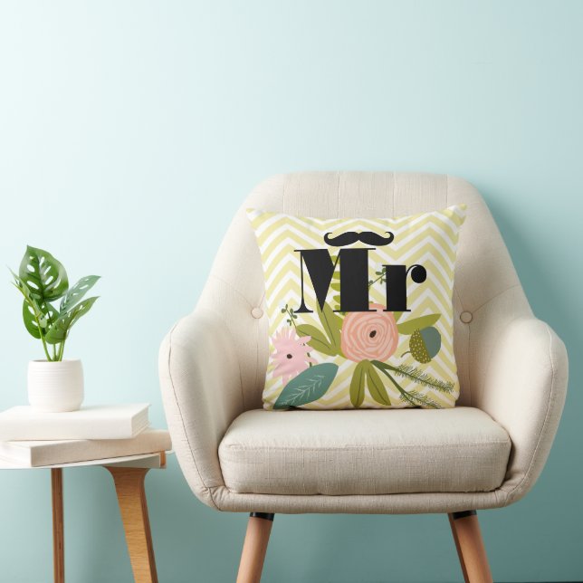 Mr Mustache Pale Yellow White Teal Zig Zag Throw Pillow (Chair)
