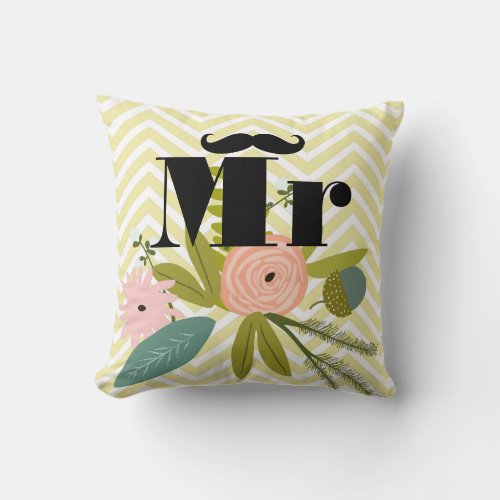 Mr Mustache Pale Yellow White Teal Zig Zag Throw Pillow