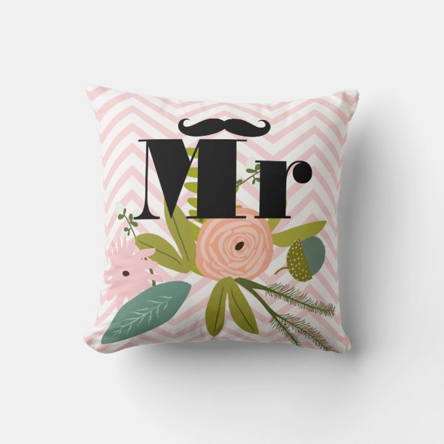 Mr Mustache Pale Yellow White Teal Zig Zag Throw Pillow (Front)
