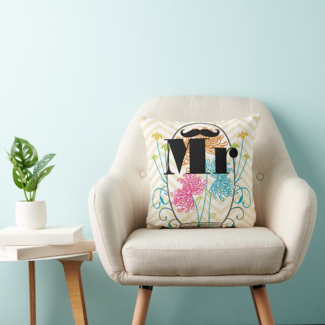 Mr Mustache Pale Yellow Zig Zag Mason Jar Throw Pillow (Chair)