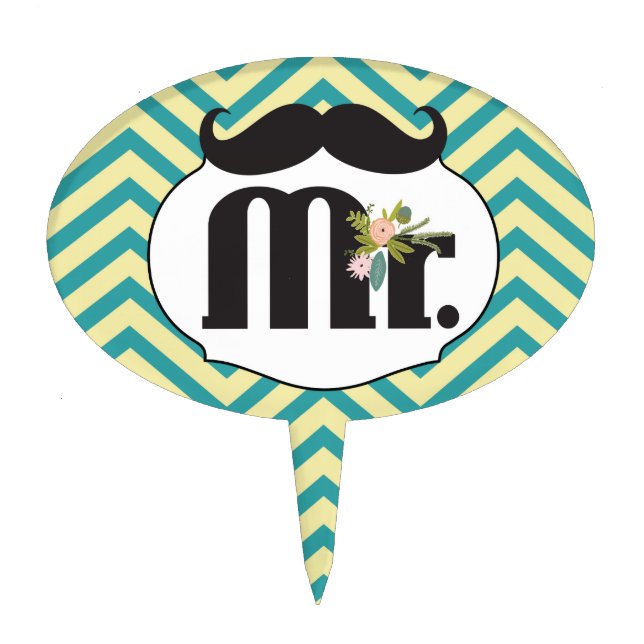 Mr. Mustache Yellow and Green Cake Topper (Front)