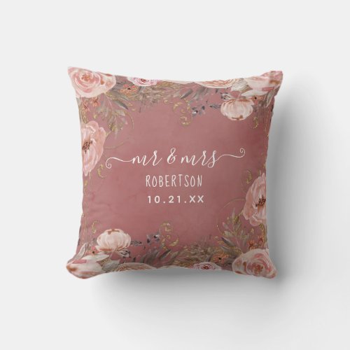 Mr n Mrs Name Wedding Blush Pink Watercolor Floral Throw Pillow