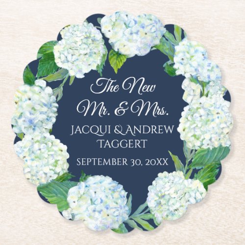 Mr n Mrs White Hydrangea Floral Navy Blue Wedding Paper Coaster