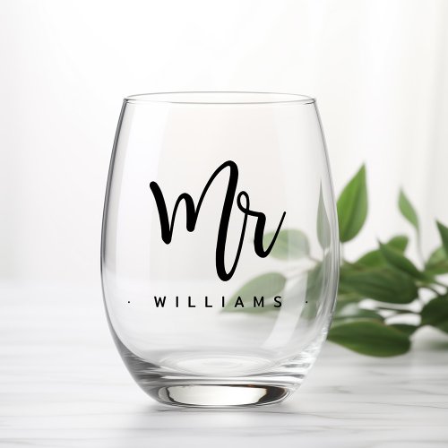Mr name calligraphy script wedding stemless wine glass