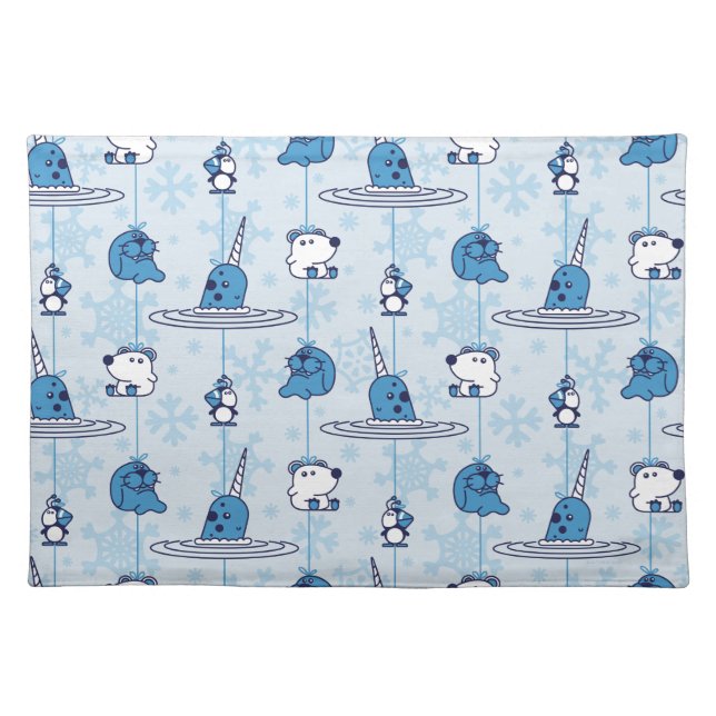 Mr. Narwhal Blue Snowflake Pattern Cloth Placemat (Front)