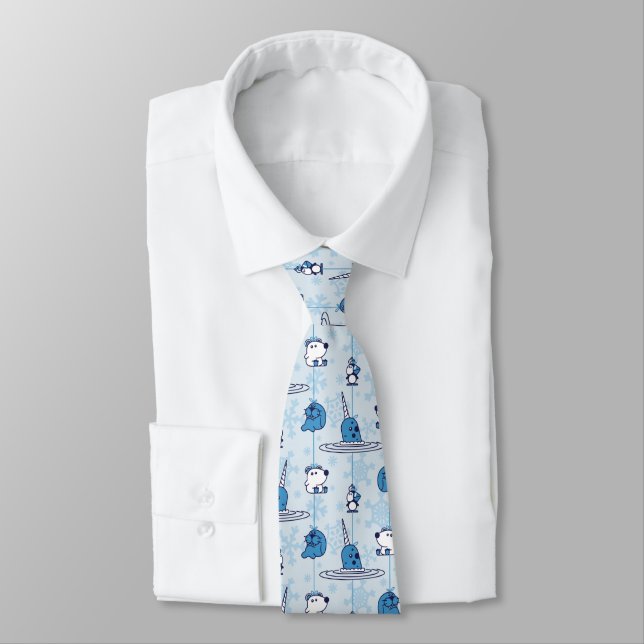 Mr. Narwhal Blue Snowflake Pattern Neck Tie (Tied)
