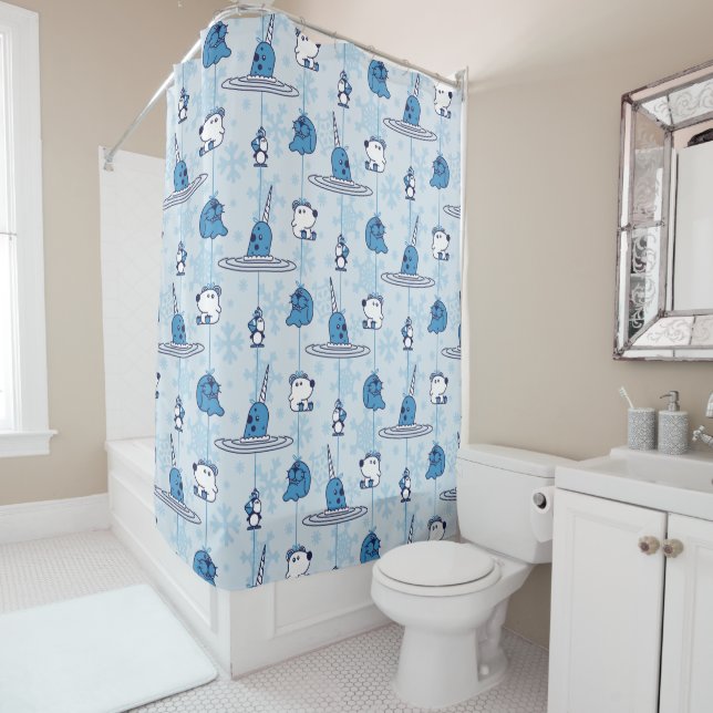 Mr. Narwhal Blue Snowflake Pattern Shower Curtain (In Situ)