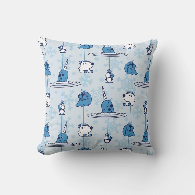 Mr. Narwhal Blue Snowflake Pattern Throw Pillow (Front)