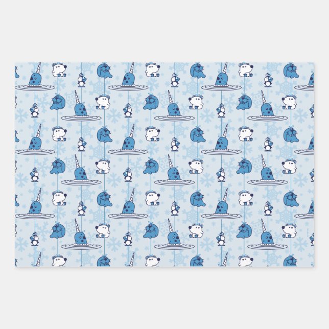 Mr. Narwhal Blue Snowflake Pattern Wrapping Paper Sheets (Front)
