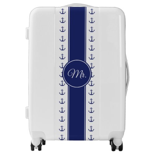 Mr Nautical Anchor Stripe Navy Blue Monogram Luggage