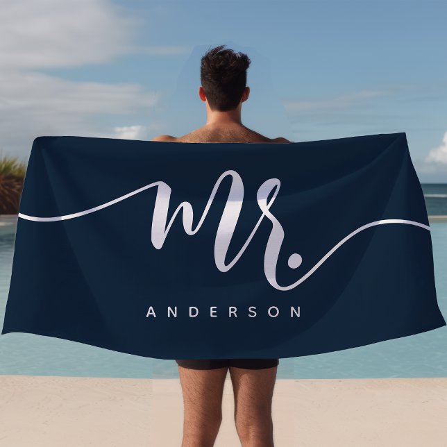 Mr Navy Blue And White Newlywed Groom Personalized Beach Towel (Creator Uploaded)