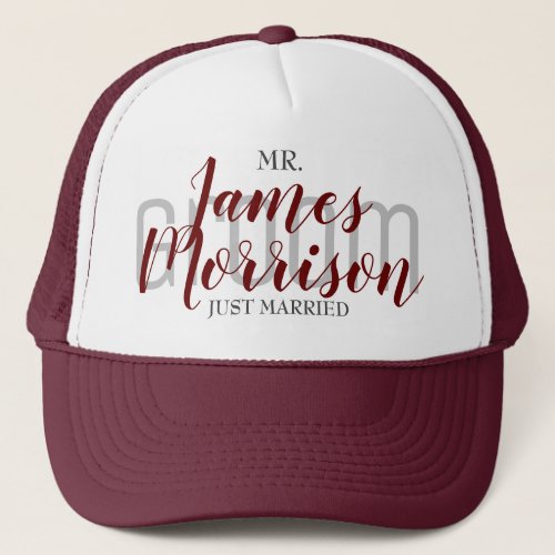 Mr Newlywed Gift  Groom Wedding Elegant Maroon Tr Trucker Hat