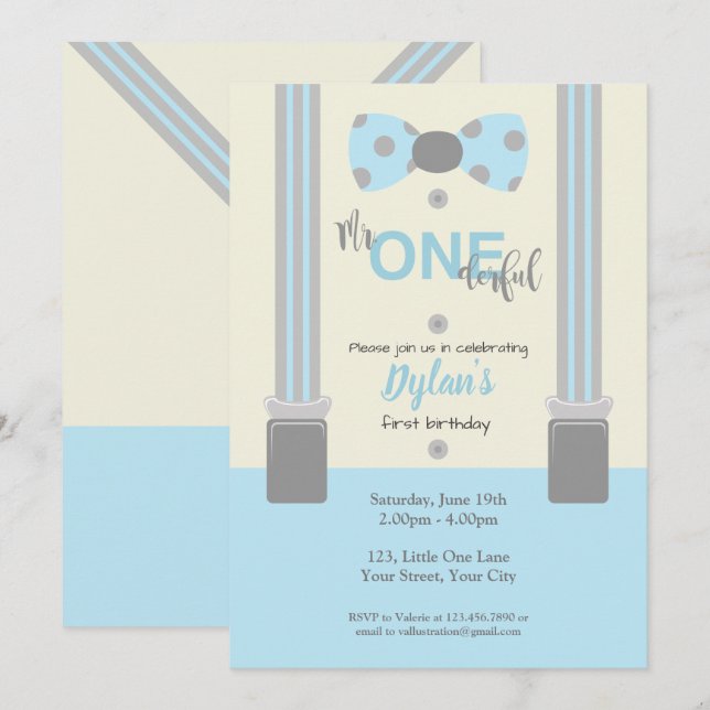 Mr One derful baby blue and grey Invitation (Front/Back)