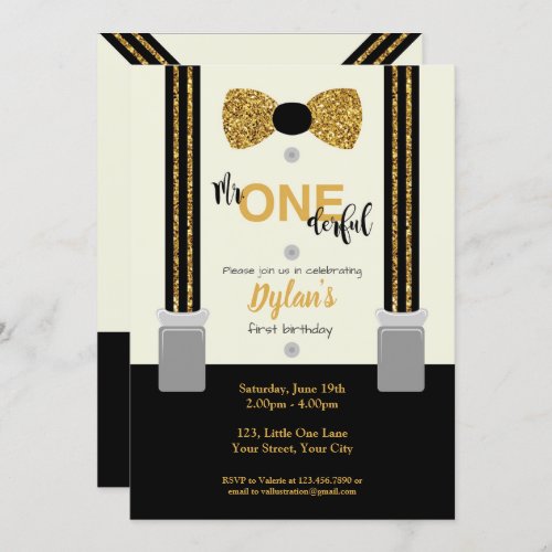 Mr One derful black and gold bow tie Invitation