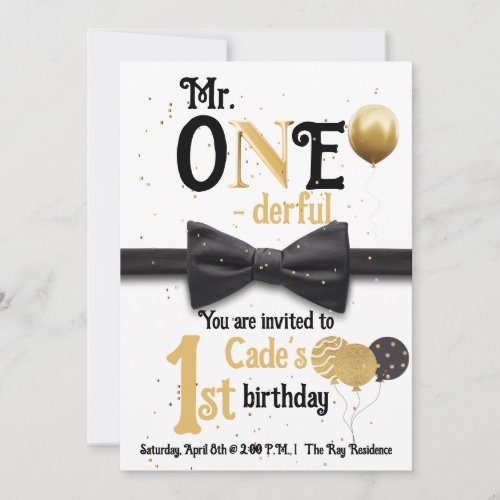 Mr One_derful Black and gold first birthday Invitation