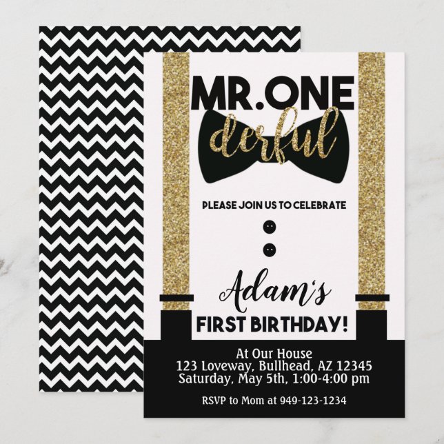 Mr. One-Derful Bow tie Black and Gold Tuxedo Invitation (Front/Back)