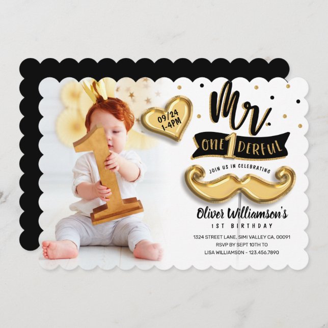 Mr One derful Gold Foil Balloon 1st Birthday Photo Invitation (Front/Back)