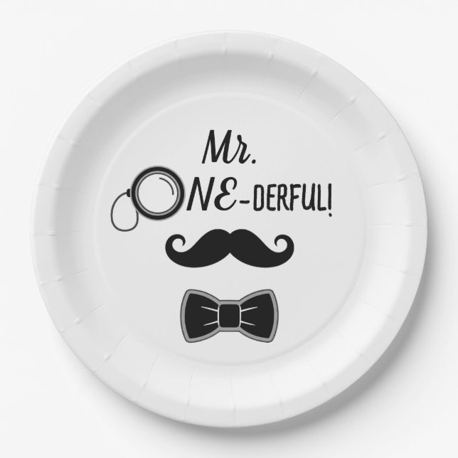 Mr. ONE-derful mustache and bowtie 1st birthday Paper Plates (Front)