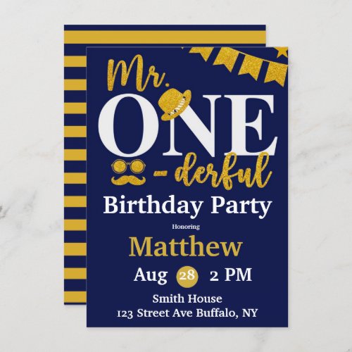 Mr One_derful Navy and Gold Birthday Party Invita Invitation