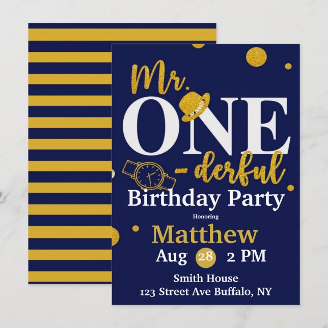 Mr. One-derful Navy and Gold Birthday Party Invita Invitation (Front/Back)
