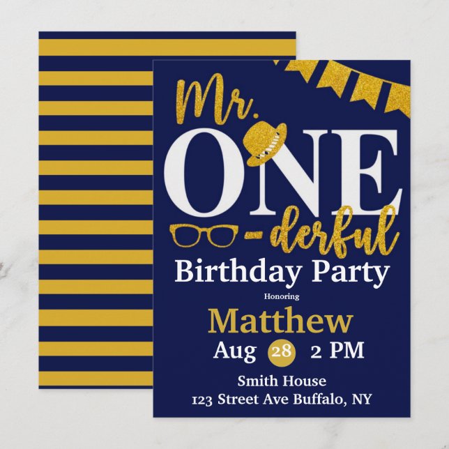 Mr. One-derful Navy and Gold Birthday Party Invitation (Front/Back)