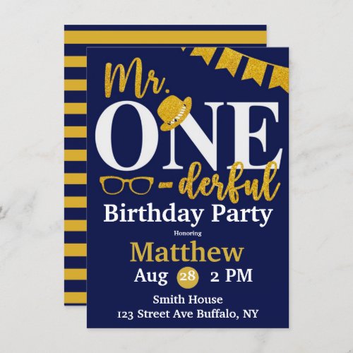 Mr One_derful Navy and Gold Birthday Party Invitation