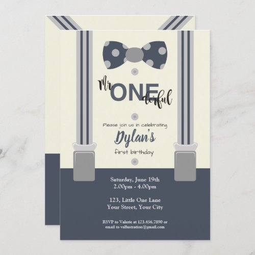 Mr One derful navy and grey bow tie Invitation