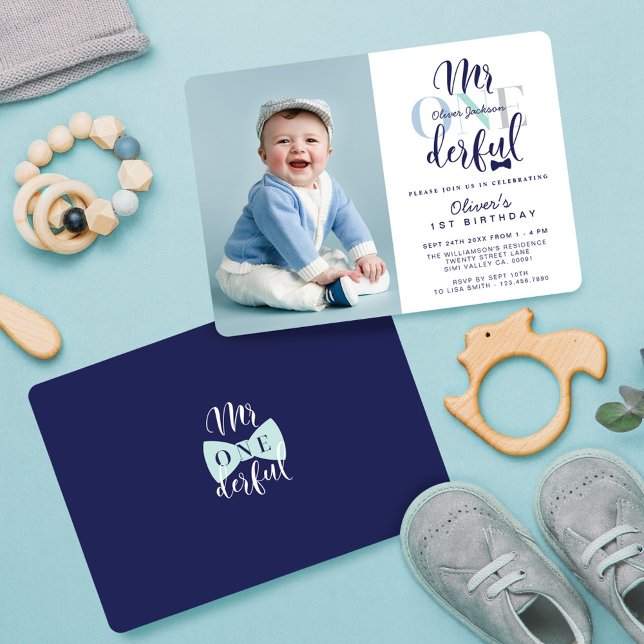 Mr One derful Navy & Blue 1st Birthday Photo Invitation (Creator Uploaded)