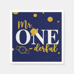 Mr. One-derful Navy Blue and Gold Birthday Party Napkins