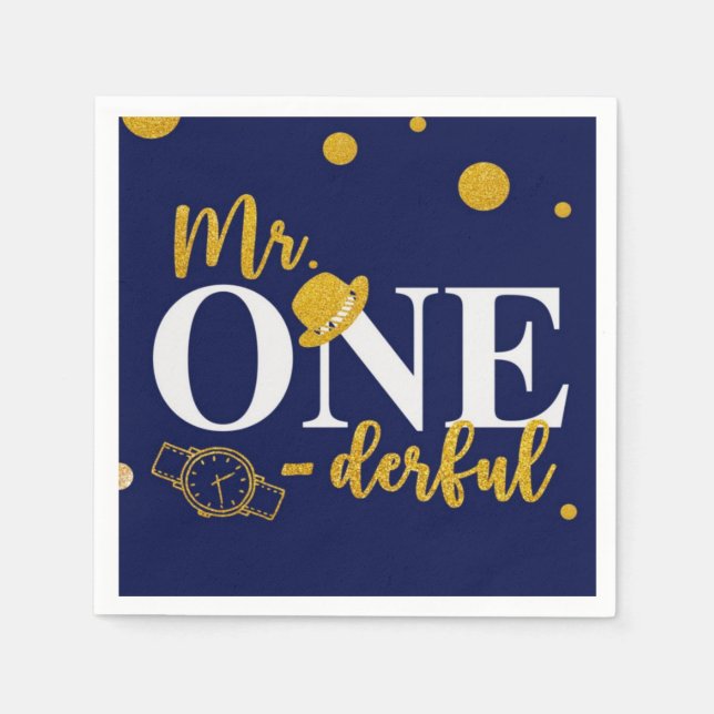 Mr. One-derful Navy Blue and Gold Birthday Party Napkins (Front)