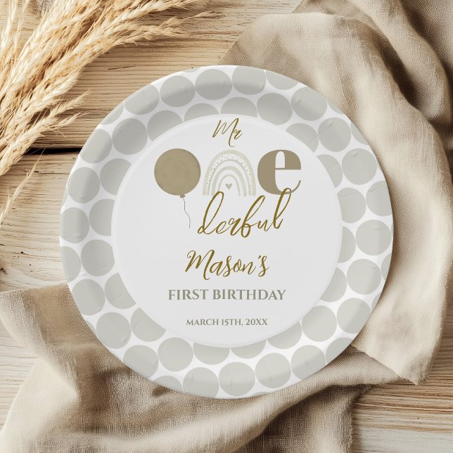 Mr One derful Neutral Rainbow First Birthday Paper Plates (Creator Uploaded)