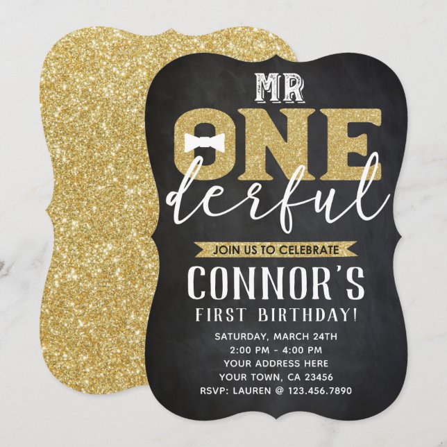 Mr Onederful 1st Birthday Invitation Chalkboard (Front/Back)