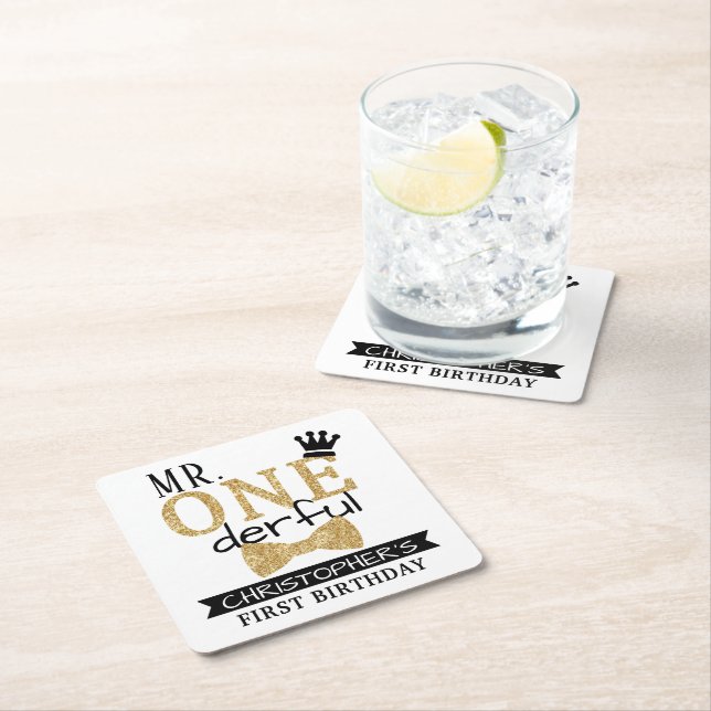 Mr. ONEderful 1st Birthday Party Square Paper Coaster (Insitu)