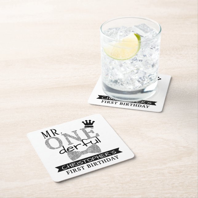 Mr. ONEderful 1st Birthday Party Square Paper Coaster (Insitu)