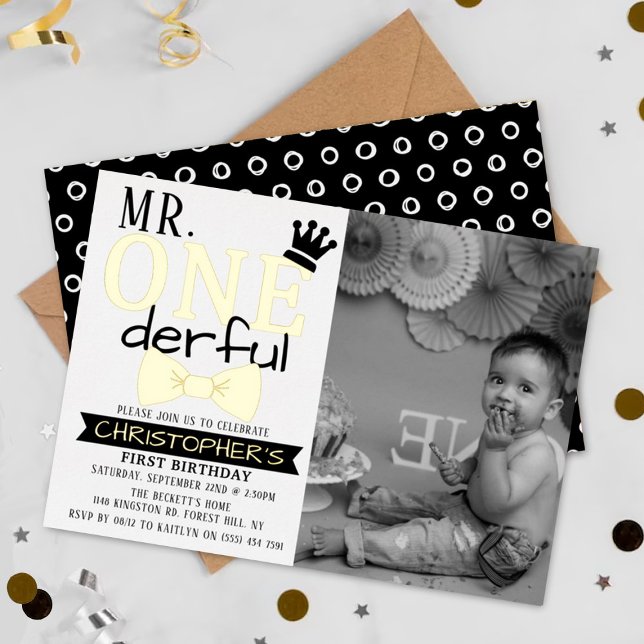 Mr. ONEderful 1st Birthday Photo Real Foil Invitation (Creator Uploaded)