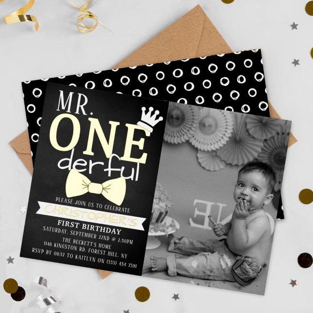 Mr. ONEderful 1st Birthday Photo Real Foil Invitation (Creator Uploaded)