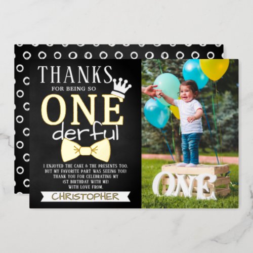 Mr ONEderful 1st Birthday Photo Thank You Real Foil Invitation
