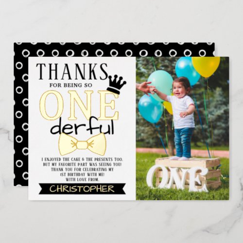 Mr ONEderful 1st Birthday Photo Thank You Real Foil Invitation