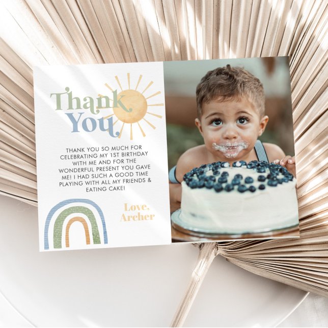 Mr Onederful 1st Birthday Rainbow Photo Thank You Card (Mr Onederful 1st birthday Party Thank You Card with Photo. No photo option as well. )