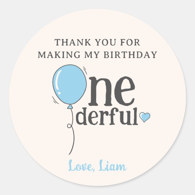 Mr Onederful Birthday Blue Balloon Thank You Classic Round Sticker (Front)