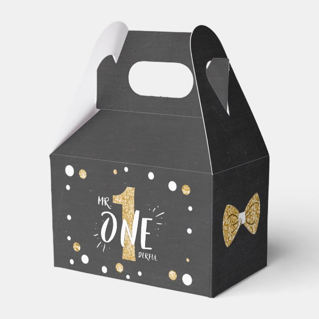 Mr Onederful Birthday Favor Box Bow Tie Black Gold (Front Side)