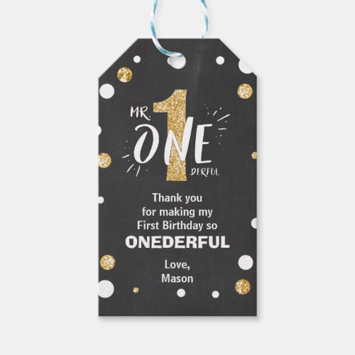 Mr Onederful Birthday Favor Tags Boy Black Gold