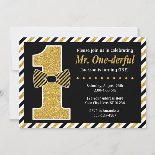 Mr ONEderful Birthday Invitation  Black and Gold